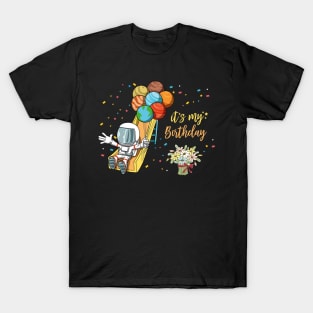 Birthday Astronaut Space Slide Planets Balloons T-Shirt